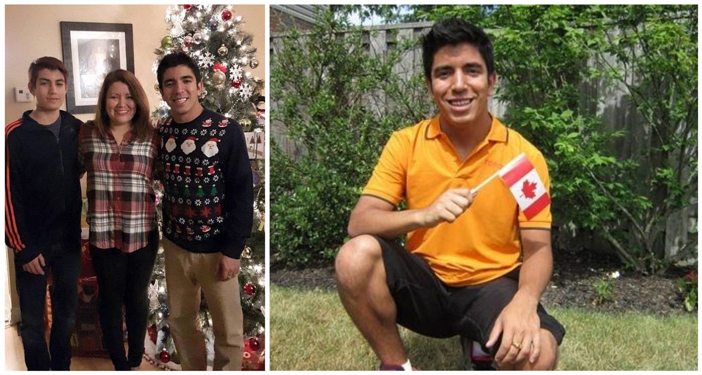 Left photo: Cam with his family beside a Christmas tree / Right photo: Cam holding a Canadian flag