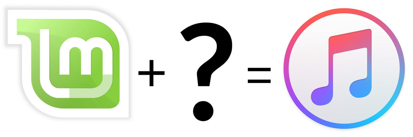 The Linux Mint logo on the left, plus a question mark, equals the iTunes logo on the right.