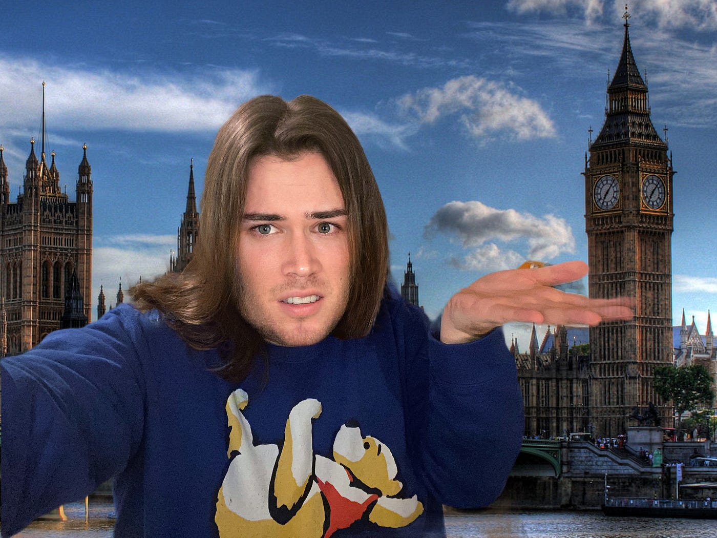 A photo of the author shrugging and looking confused in front of the Palace of Westminster.