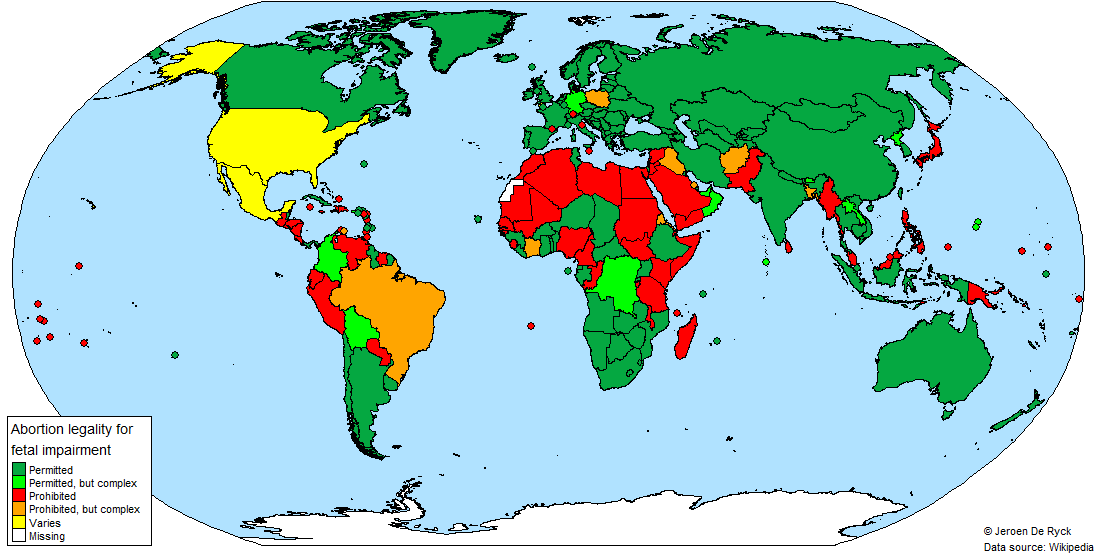 World map of the legality of abortion for fetal impairment