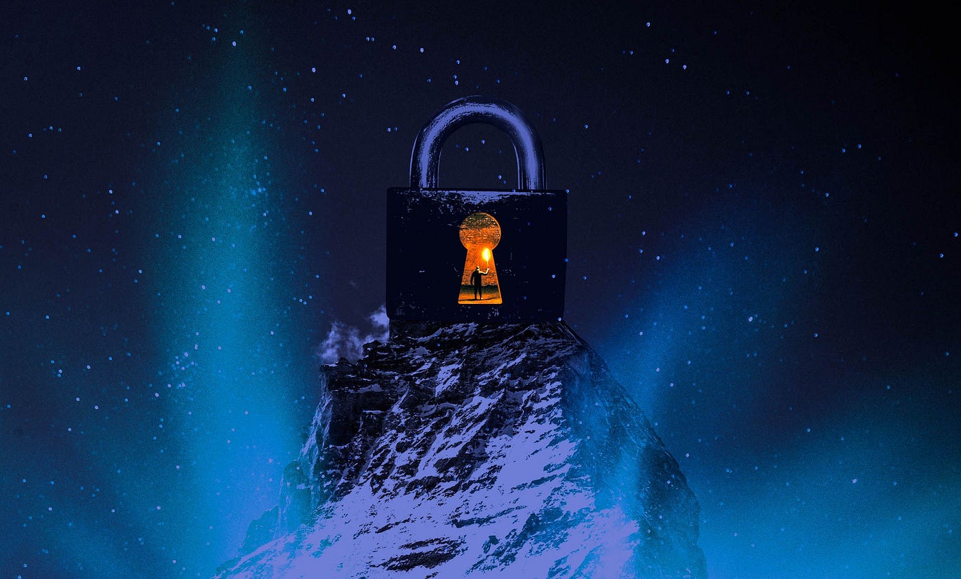 A giant lock on top of a snowcapped mountain. In the keyhole is a man holding a torch in a dark, brick room.
