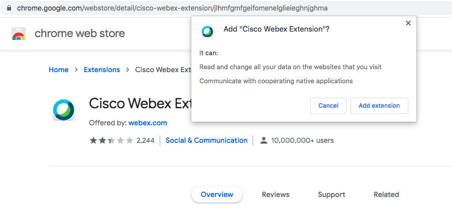 Chrome extension privacy, and Cisco or WebEx never responded when Vinish Garg tweeted about it.