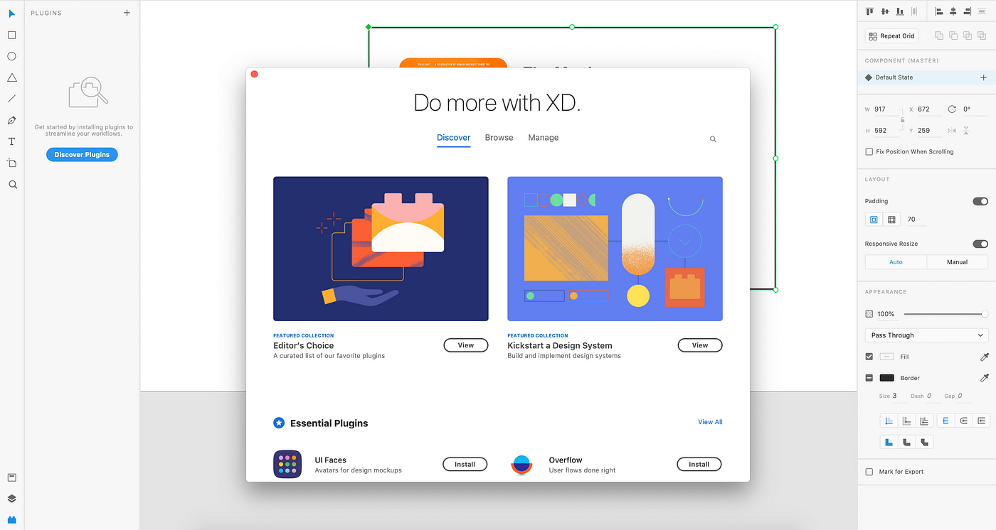 A screenshot of Adobe XD's plugin panel showing a list of available plugins