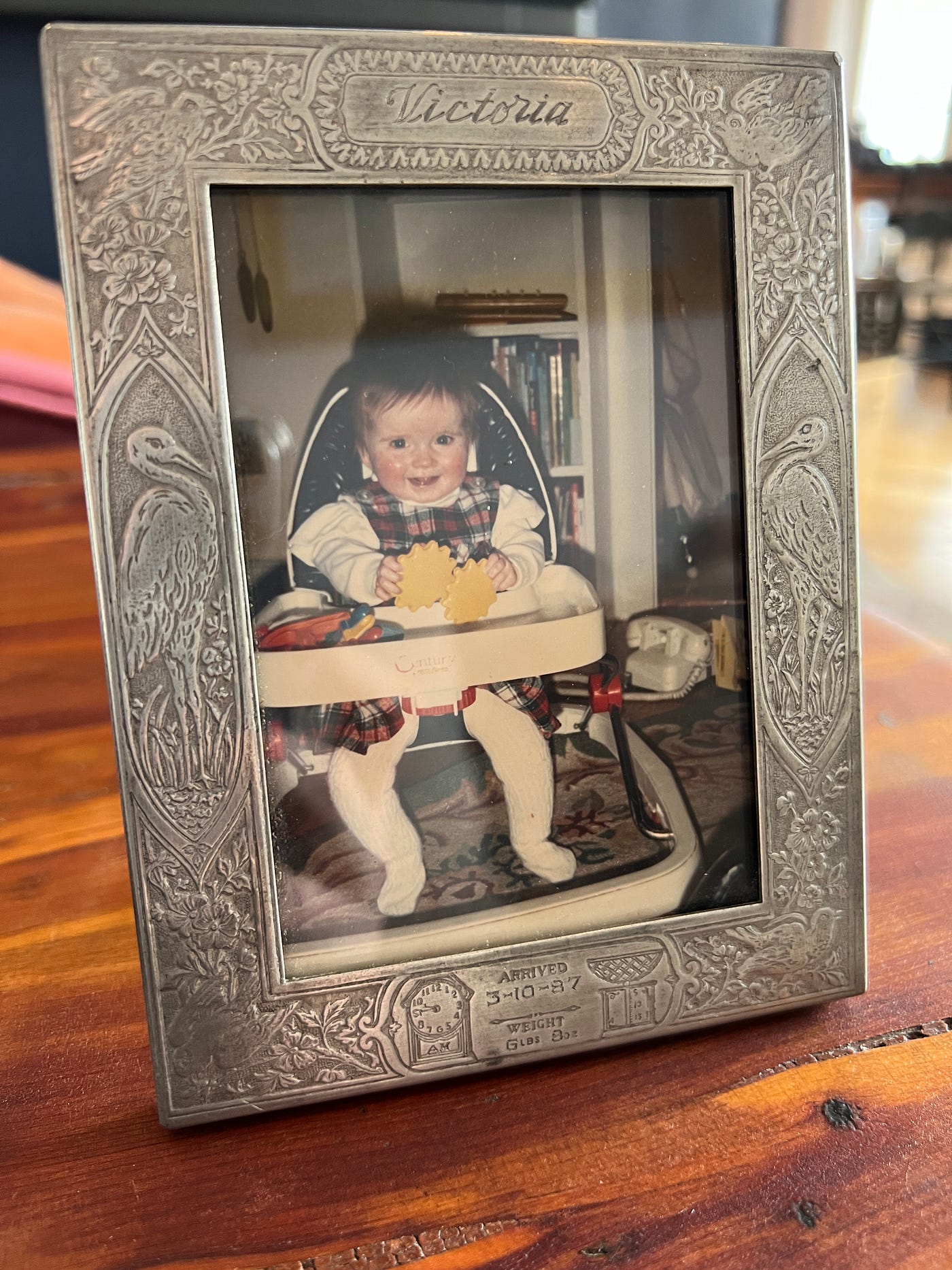 A framed photo of Victoria in high chair wearing a plaid dress and smiling into camera while holding a toy. It is inside an ornate pewter frame with Herons on either side. At the top is her name, “Victoria” and at the bottom is “Arrived 3–10–87, weight 6lbs 8oz”