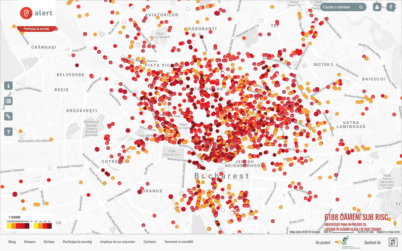 Screenshot of a map of Bucharest with several red points on the map.