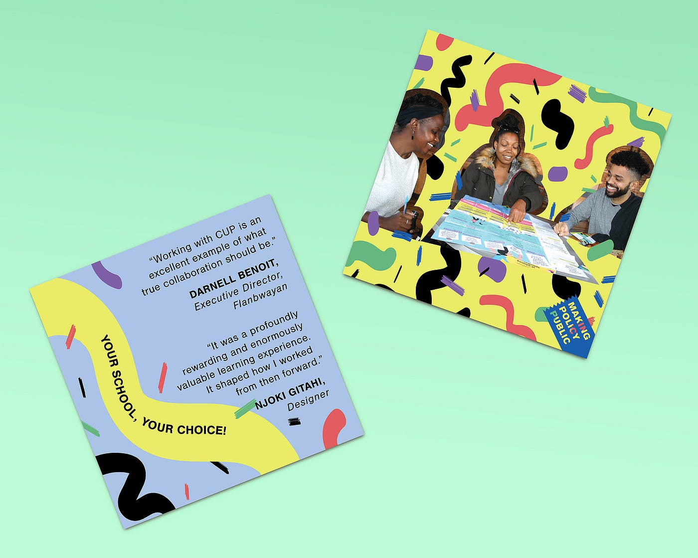 Two designed pieces, one with black text on a pale blue background, and the other with three Black people sitting around a large sheet of paper. Both pieces have abstract yellow, black, red, and green shapes in the background, and both pieces are superimposed on a light green background.