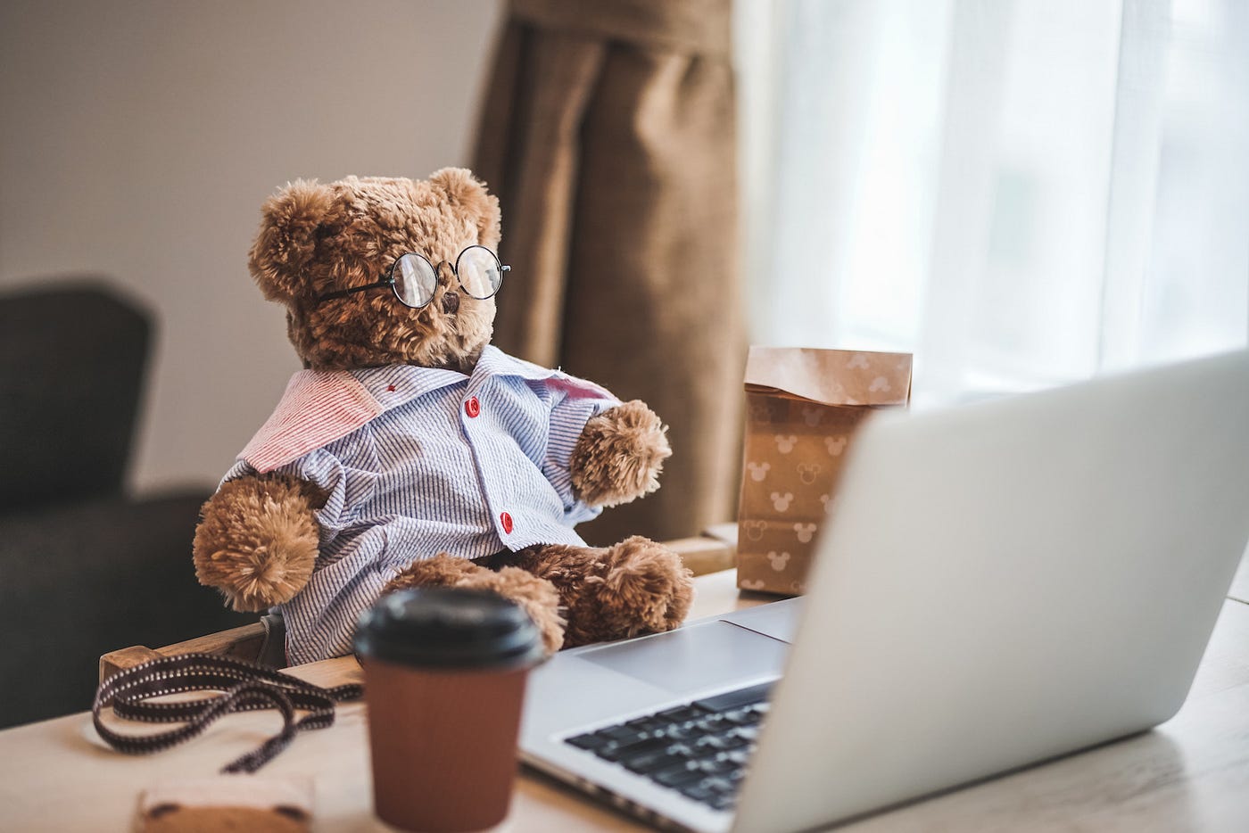Cute teddy with glasses sat at a laptop