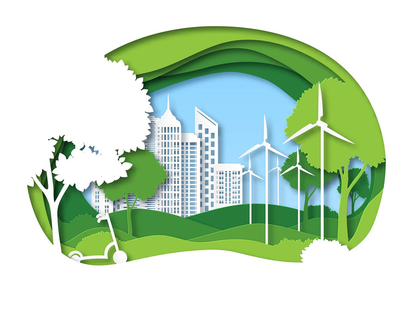 Eco city: Future ecosystem with building, tree and windmill.