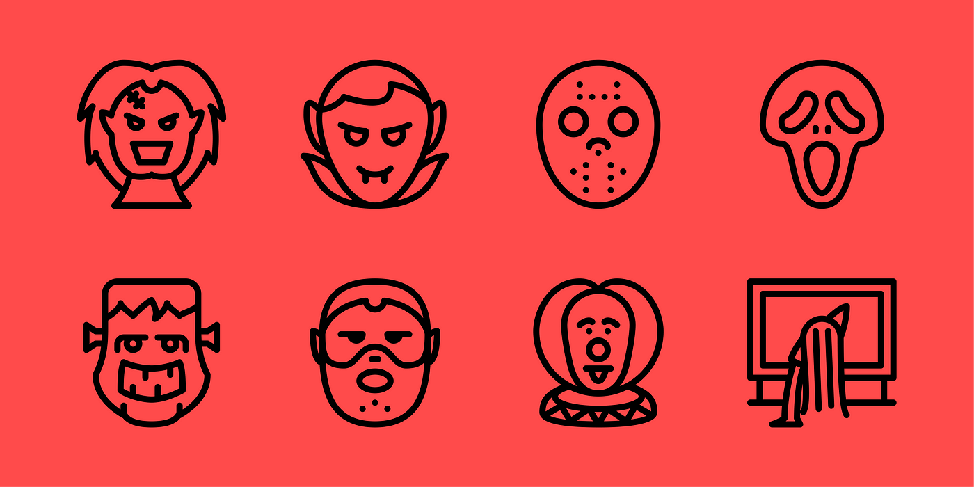 Noun Project free Halloween icon collection of classic horror movie characters, illustrations of scary movie villains like Chuckie, Dracula, Pennywise, Samara and Ghost Face