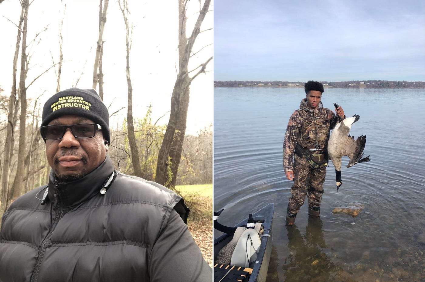 Left: man in black vest, knit cap that says Maryland Hunter Education Instructor. Right: Young man in water w/ goose
