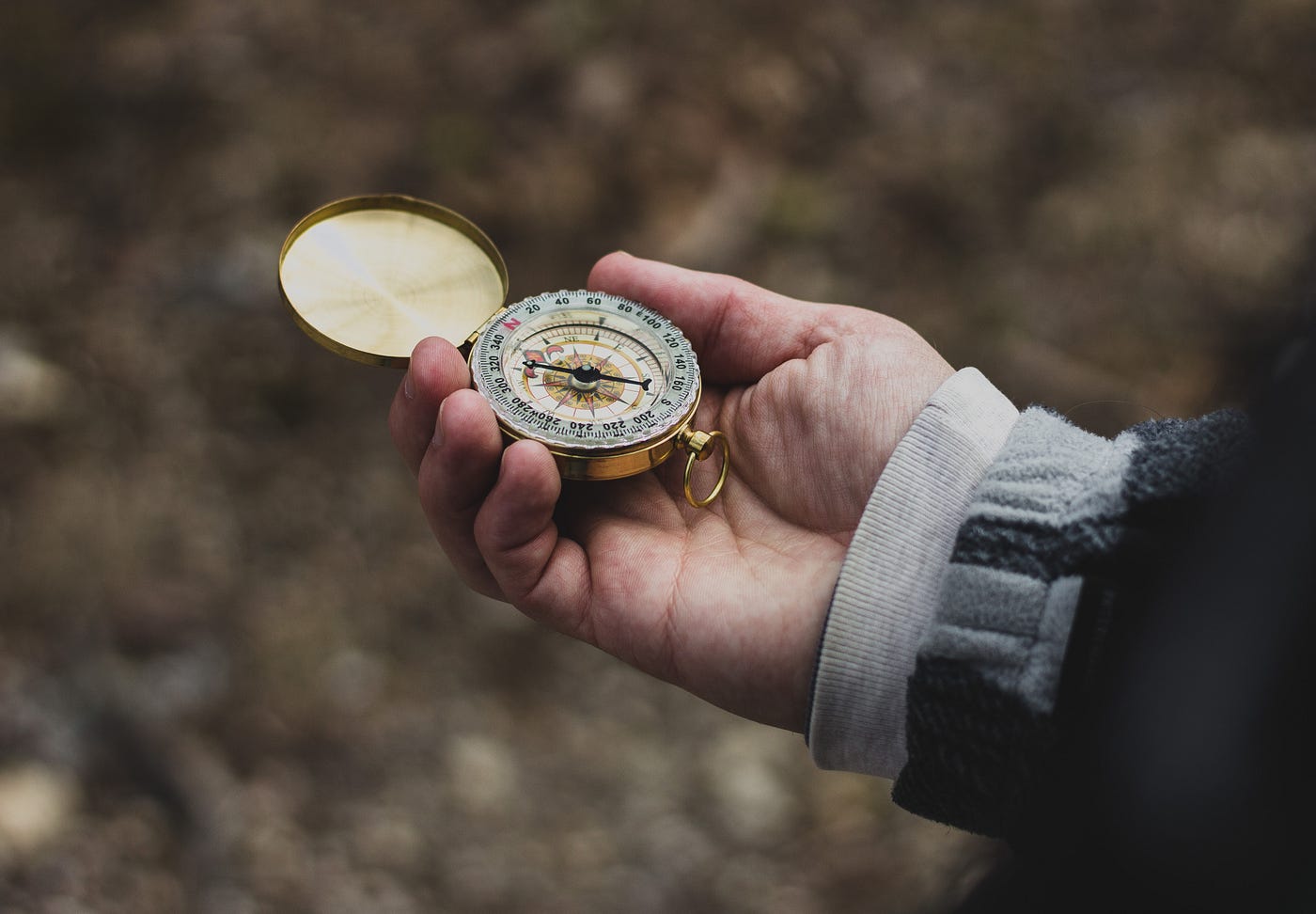 A male hand holds a golden compass.