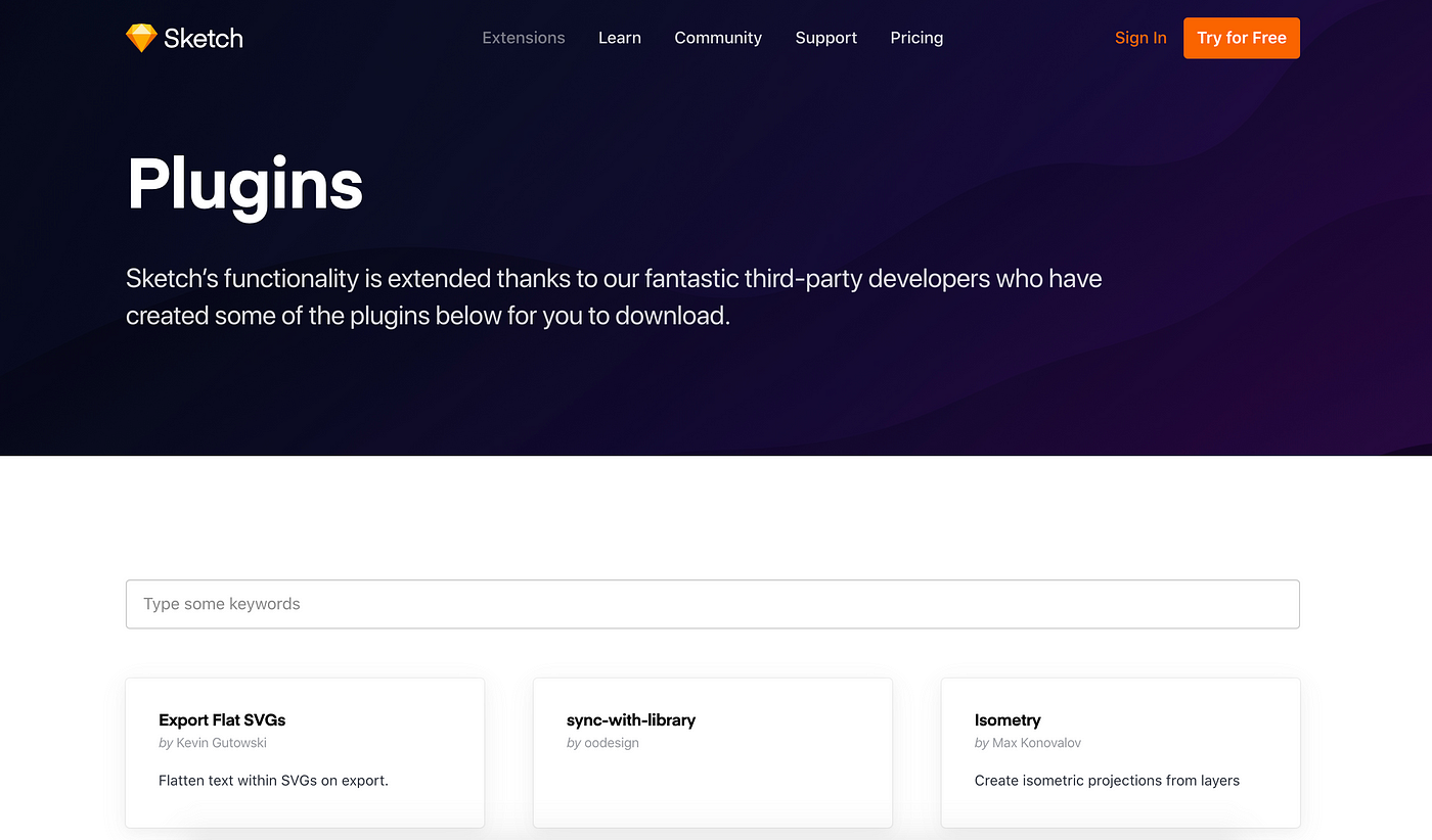 A screenshot of the official Sketch web page showing a list of plugins for the tool