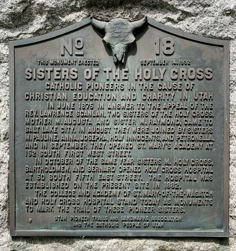 Historic plaque about Holy Cross Hospital in Salt Lake City, Utah