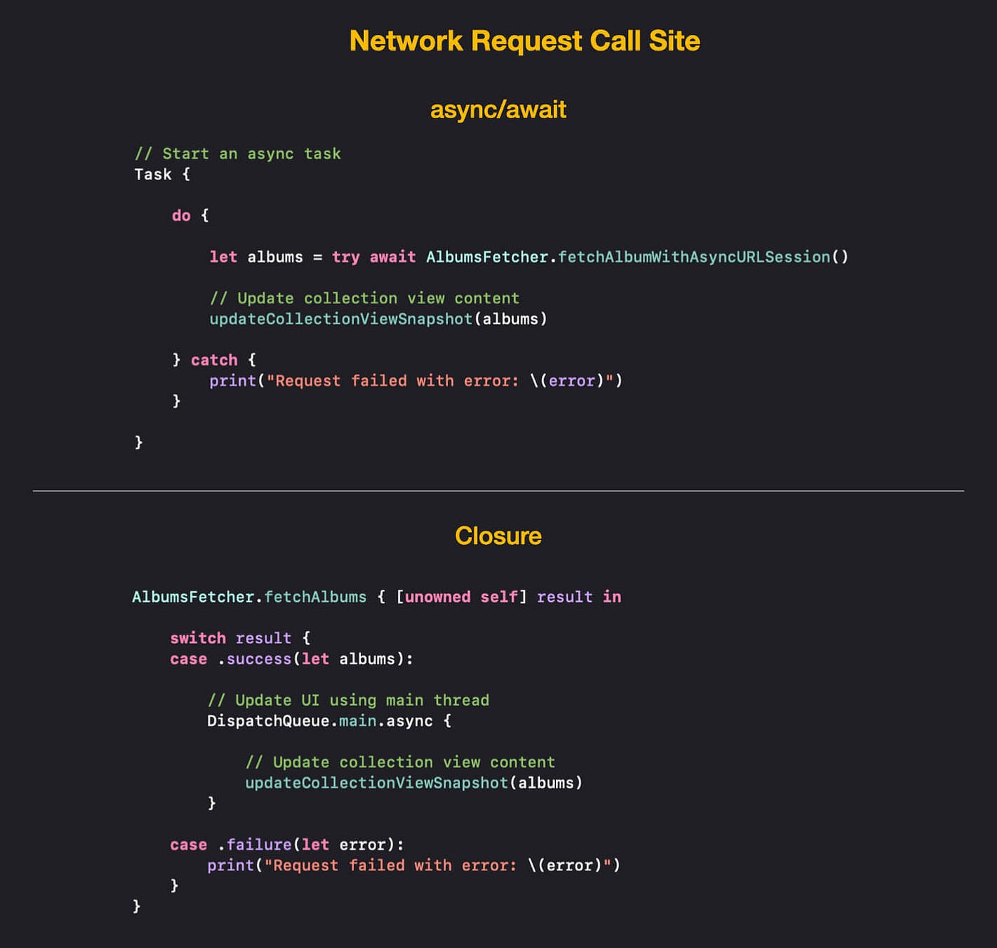 使用 async/await 和基于闭包的 URLSession 比较网络请求调用站点