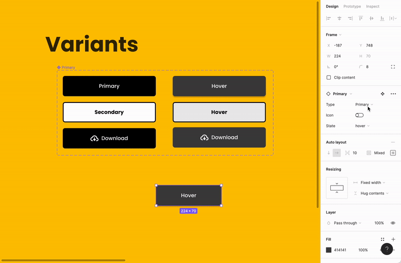 An animation that show how button change states based on a variable like having an icon or not.