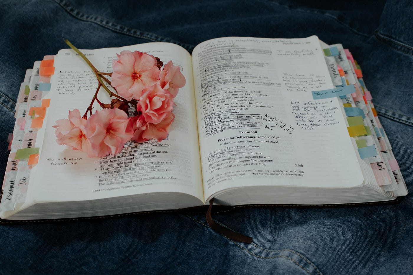 An open Bible with a flower in it