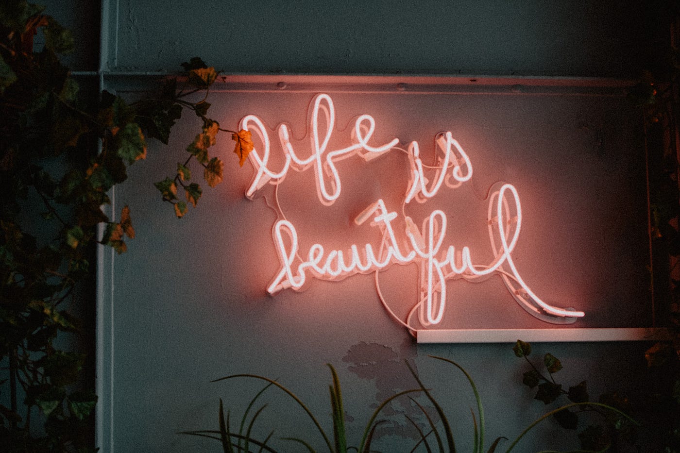 A neon “life is beautiful” sign.