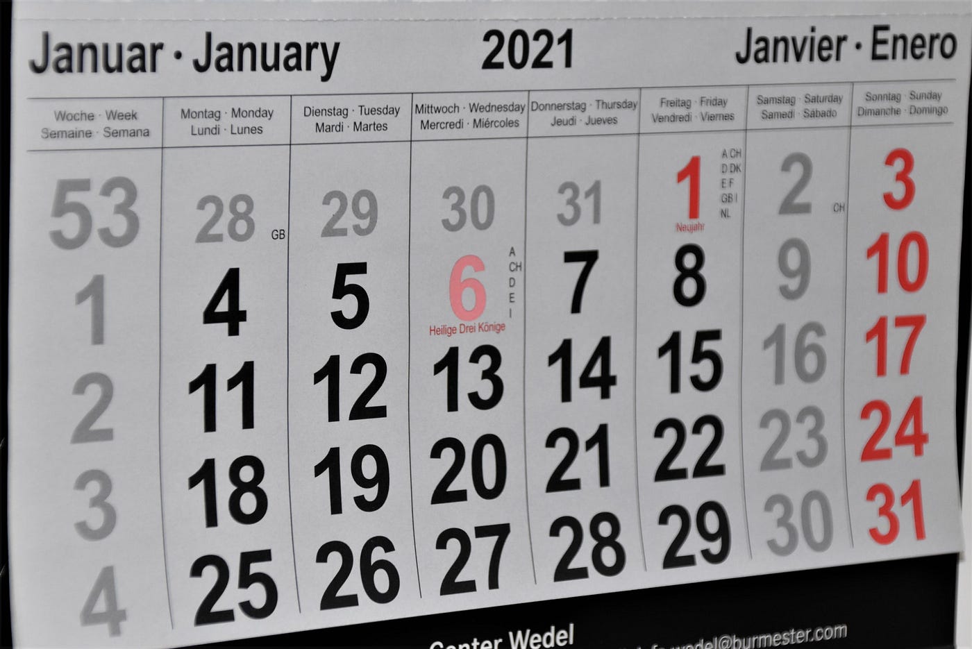 a calendar for 2021 showing the page for January
