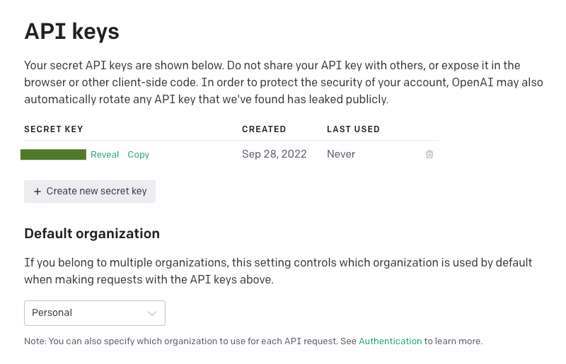 API keys screenshot