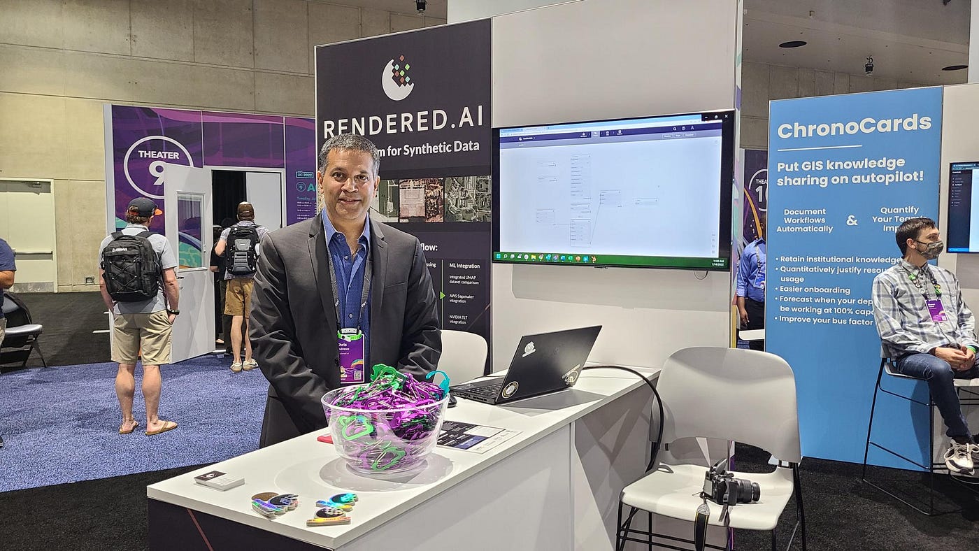 Rendered.ai exhibited at the Esri user conference. Check out Rendered.ai to learn more about how synthetic data and a platform to support synthetic data can help meet your data needs!