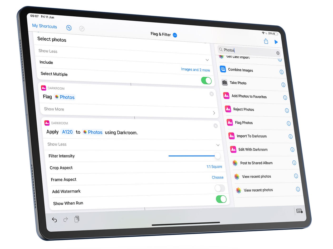 The Shortcuts app on iPad showing the new Darkroom actions