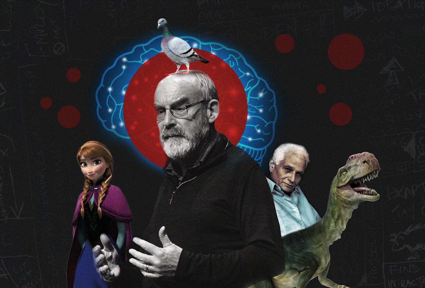Montage of Dave Snowden, Elsa from Frozen, Derrida and a dinosaur