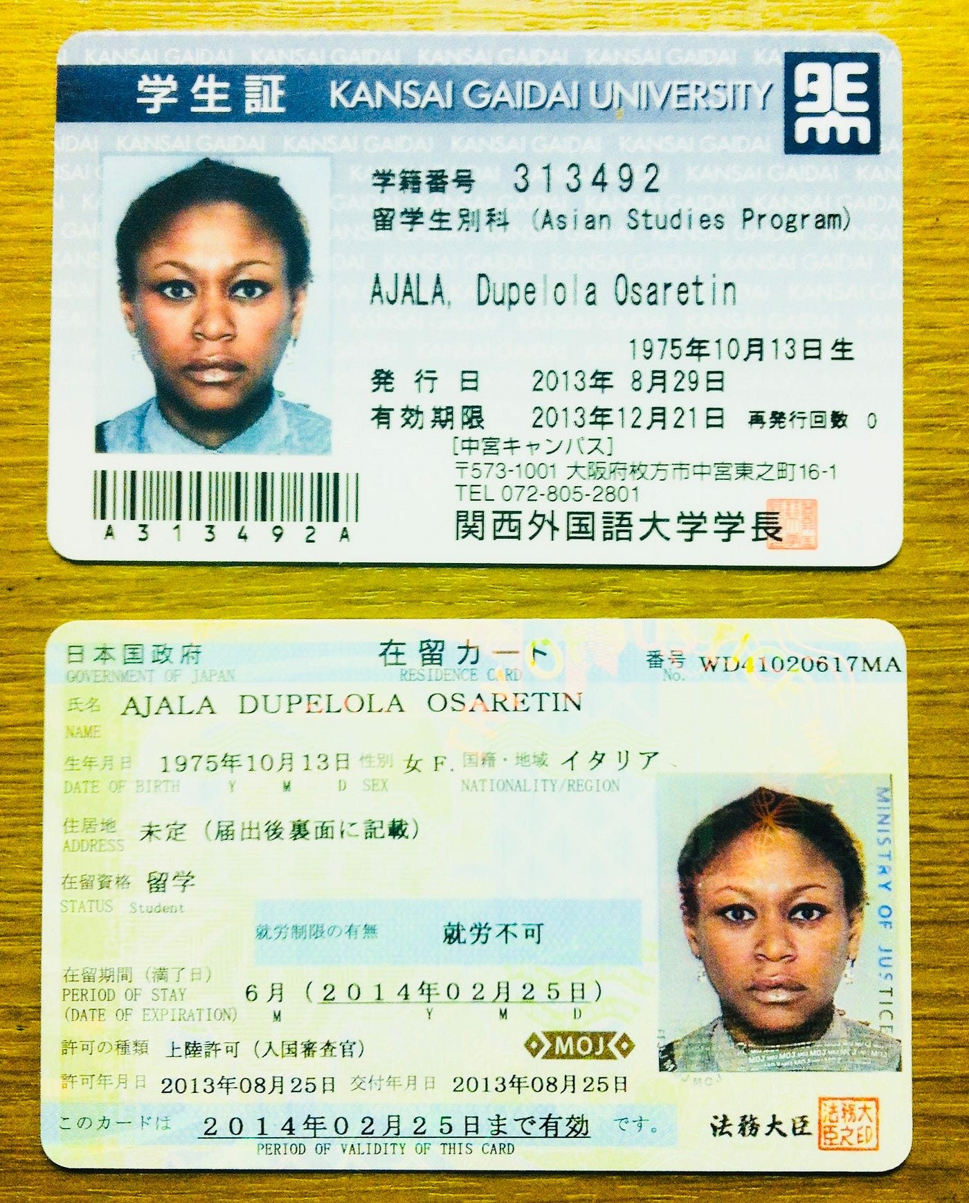 Kansai Guidai University, exchange student Aurora Mizutani’s university ID, and Japanese Residence Card, 2013