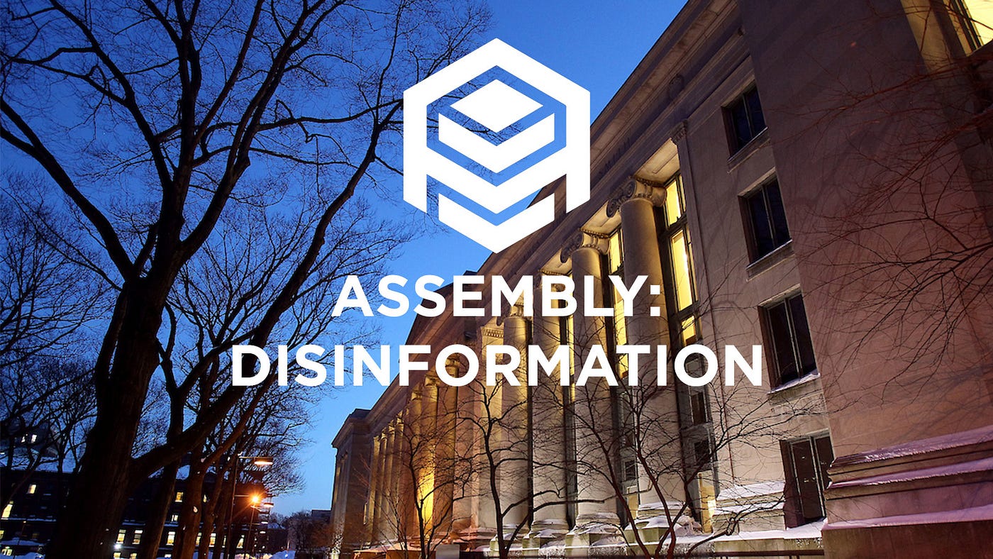 Assembly: Disinformation logo overlayed on Langdell Library