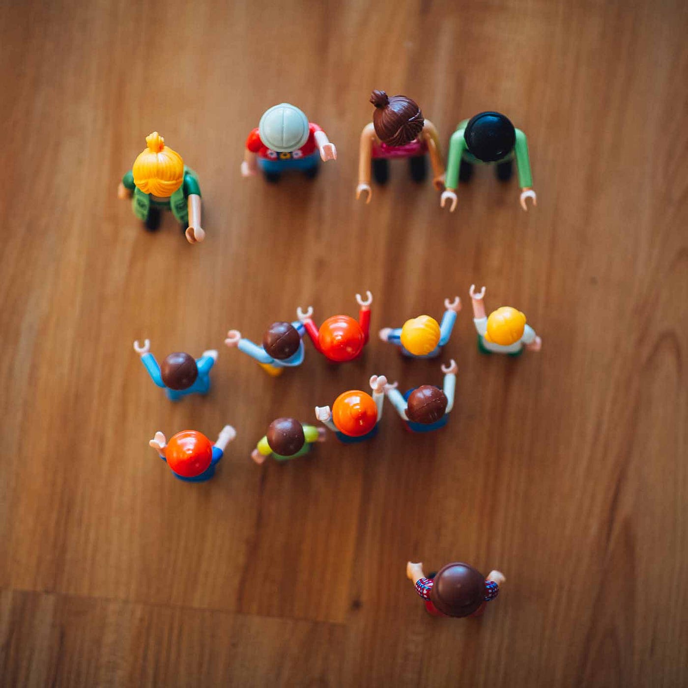 Two groups of toys face off as if they are fighting.