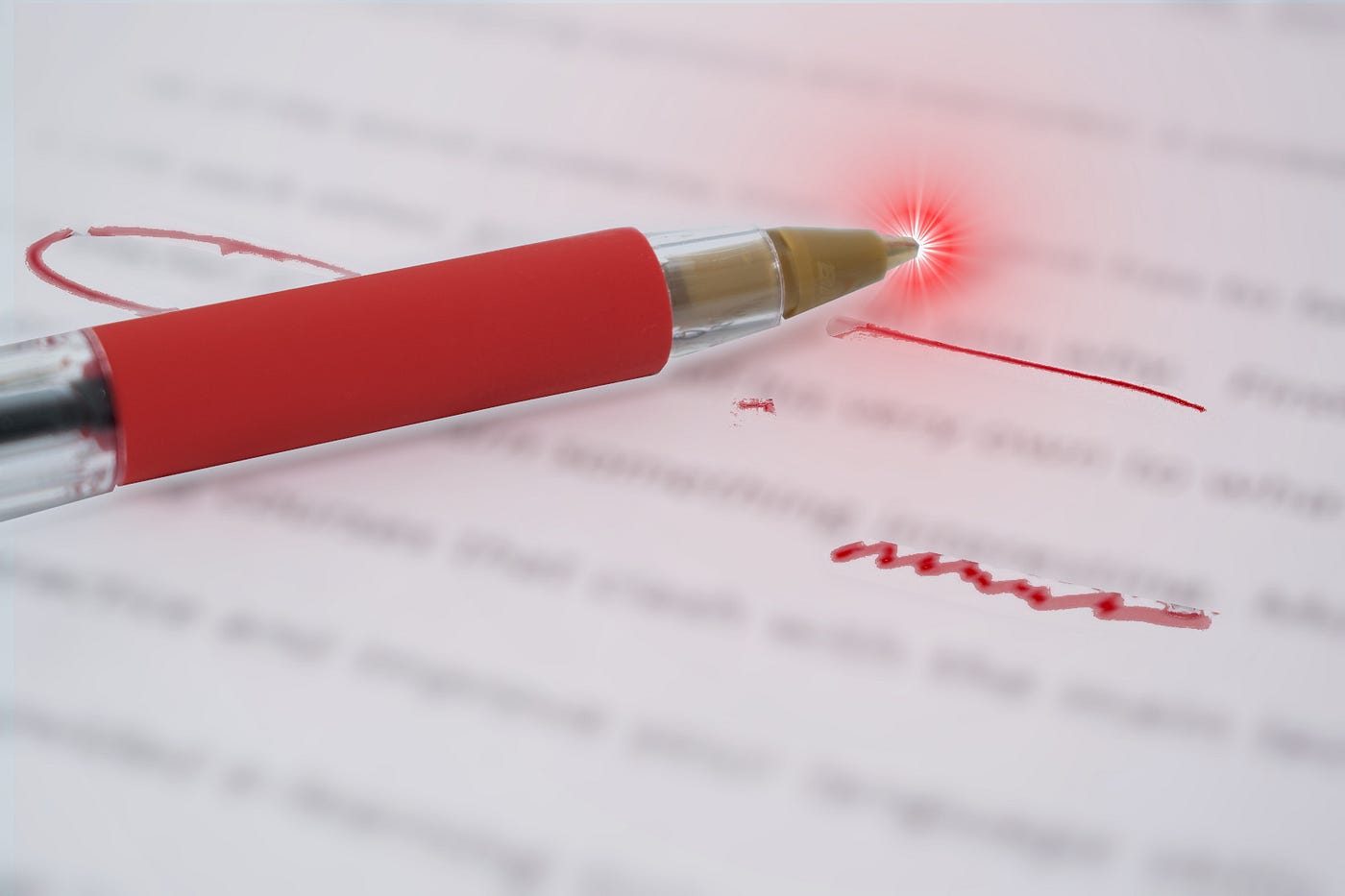 A red pen laying atop an edited manuscript with bold red editorial marks. The tip of the pen has a supernova flare.