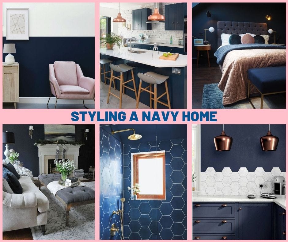 What colours go with navy walls?. The navy blue home design trend is