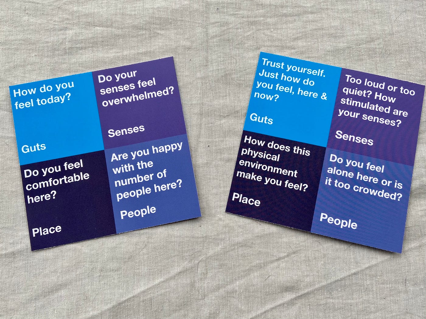 two sides of card with questions about personal sense of comfort — physically, technically, socially and emotionally