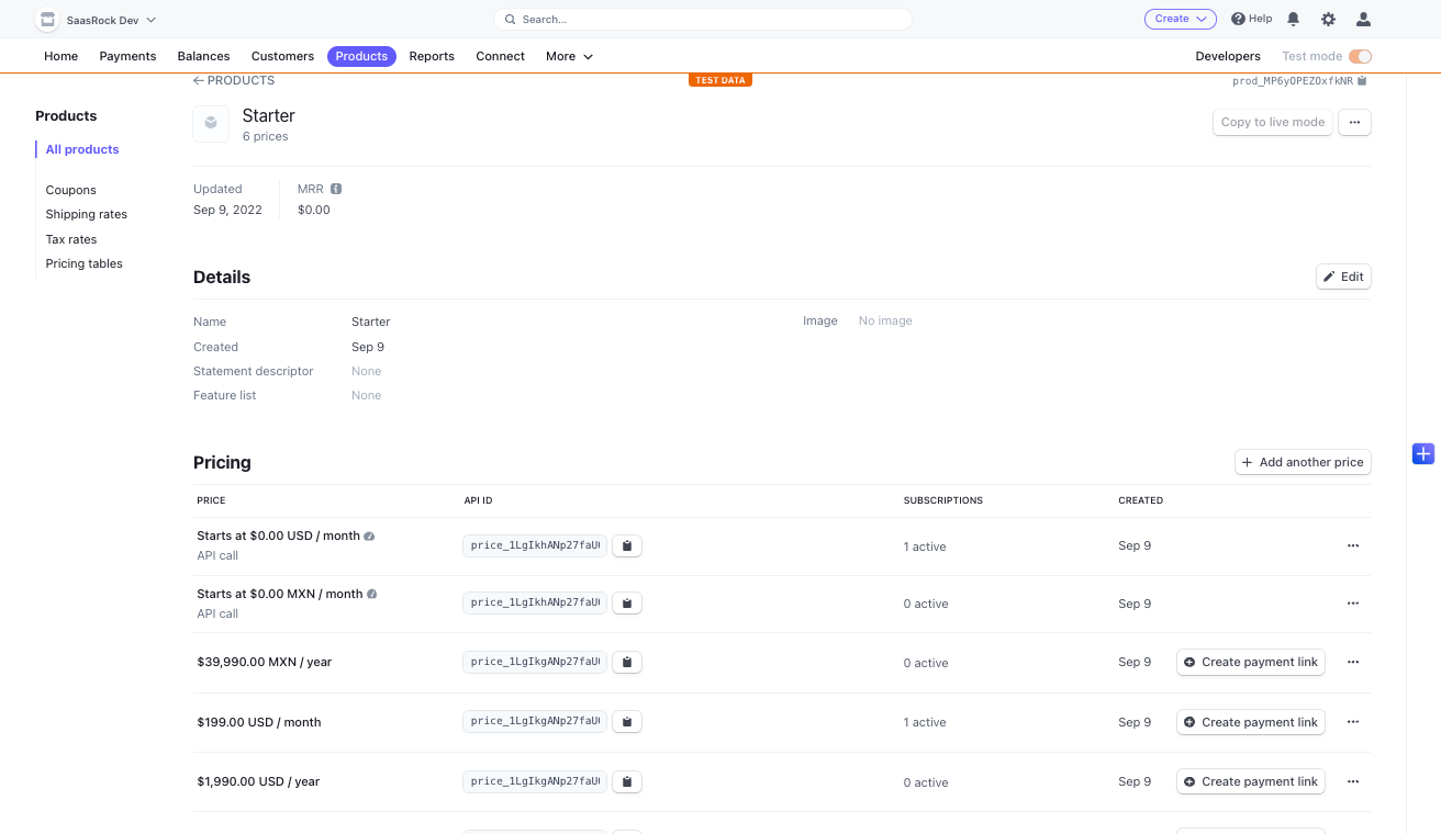 Starter Plan - Stripe Dashboard