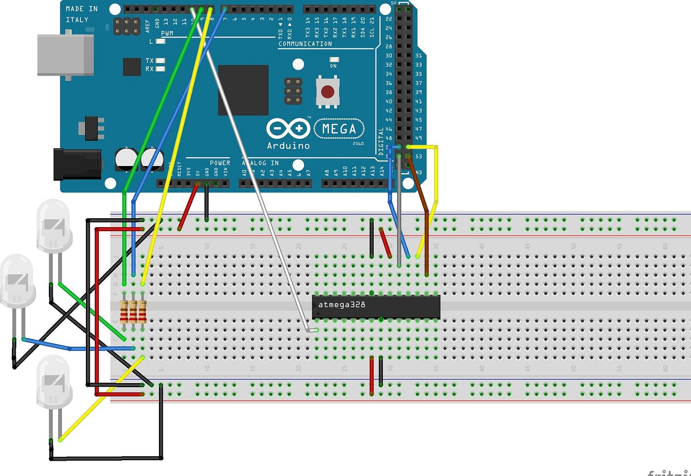 Using Arduino board as ISP to program ATmega328 IC without a crystal | by  Sergio Queiroz | Medium