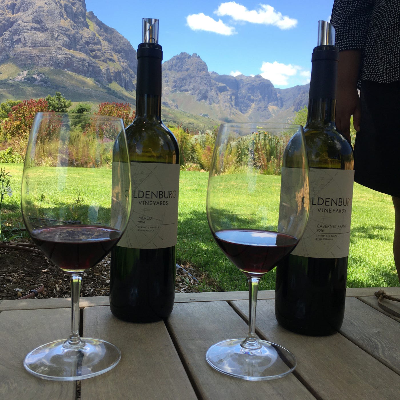Oldenburg Vineyards Merlot (left) and Cabernet Franc (right) bottles and wine glasses