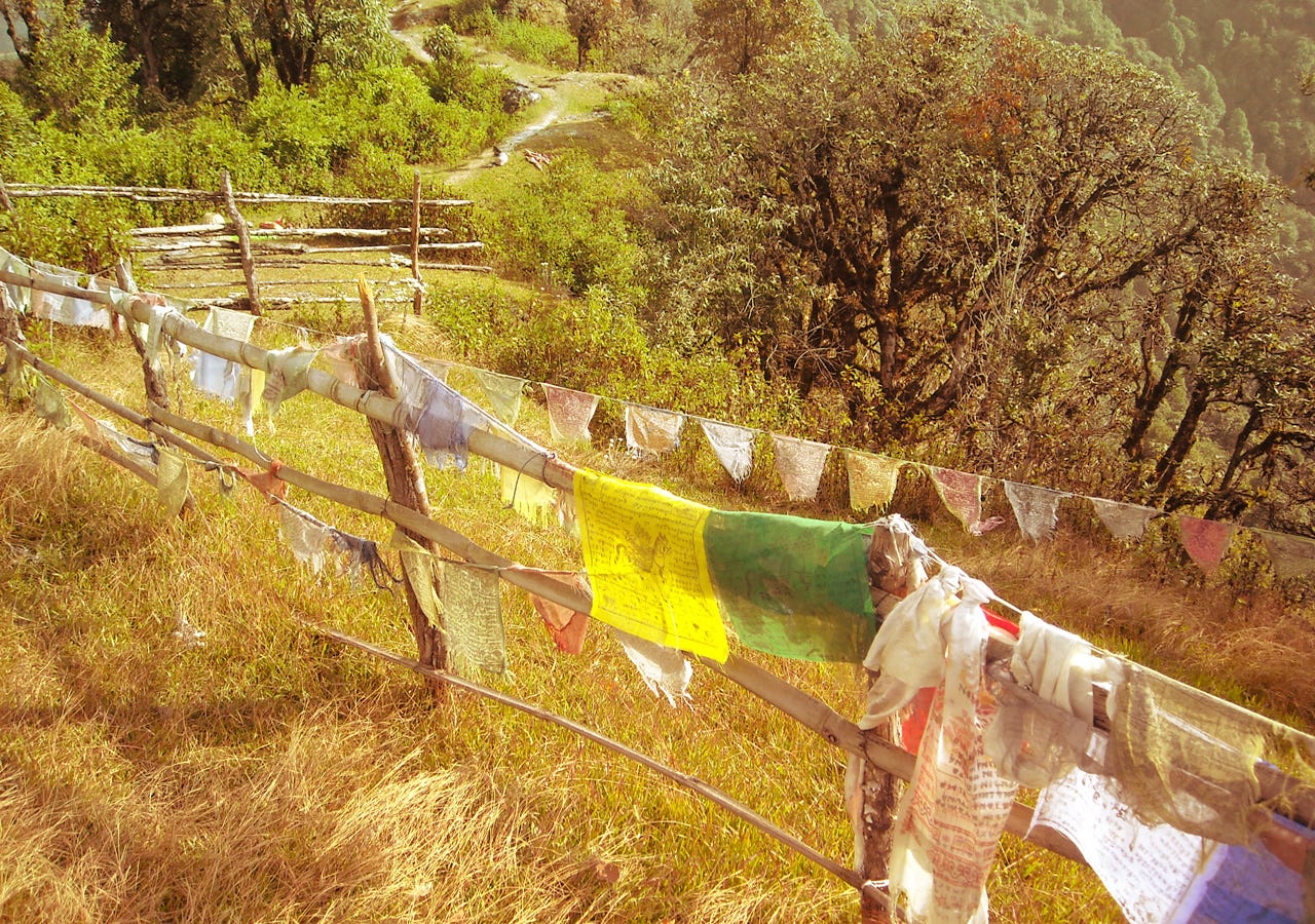 A path in Nepal lined with worn prayer flags