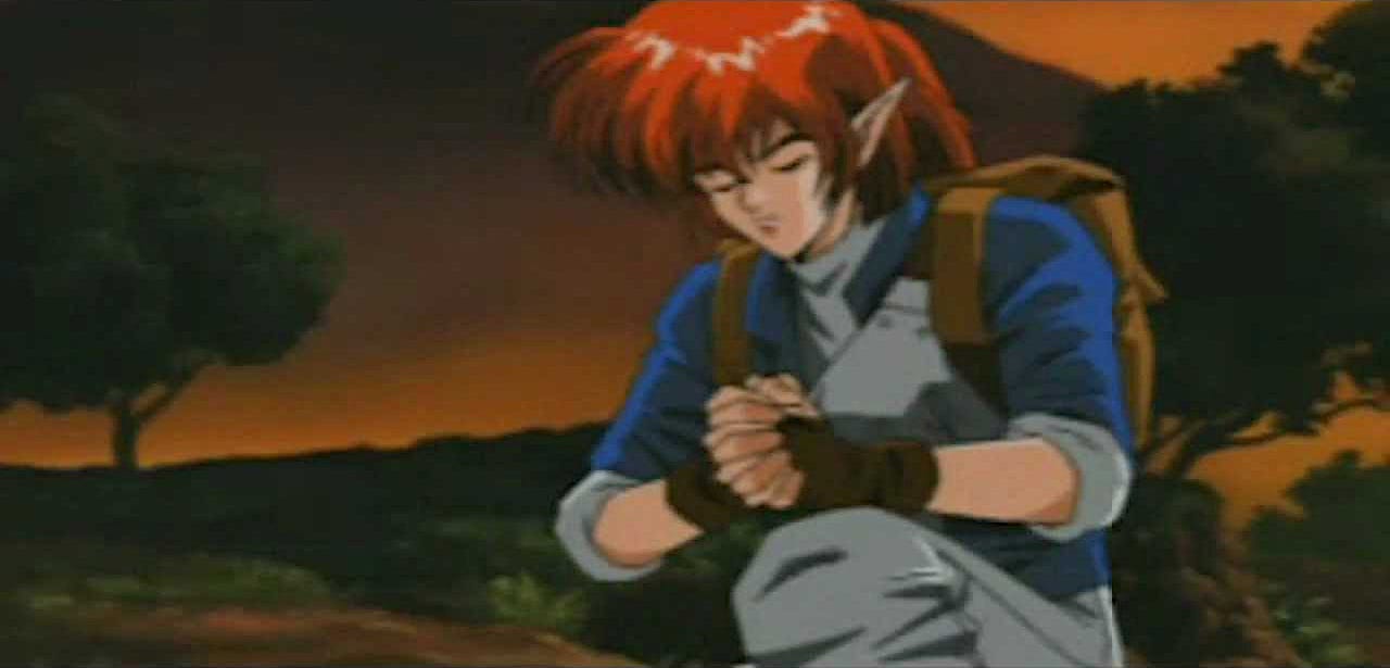 A screenshot from the intro animation of Alundra showing the titular hero closing his eyes and offering a prayer.