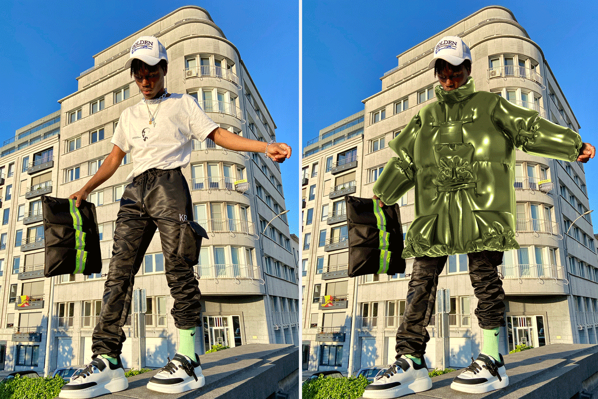 A young person standing in front of a building — the picture of their body is oversized so they’re as tall as the building. The clothing items they’re wearing are swapping in and out, demonstrating how easy it is to generate the pics content creators need without the rigmarole of collecting them through traditional retail.