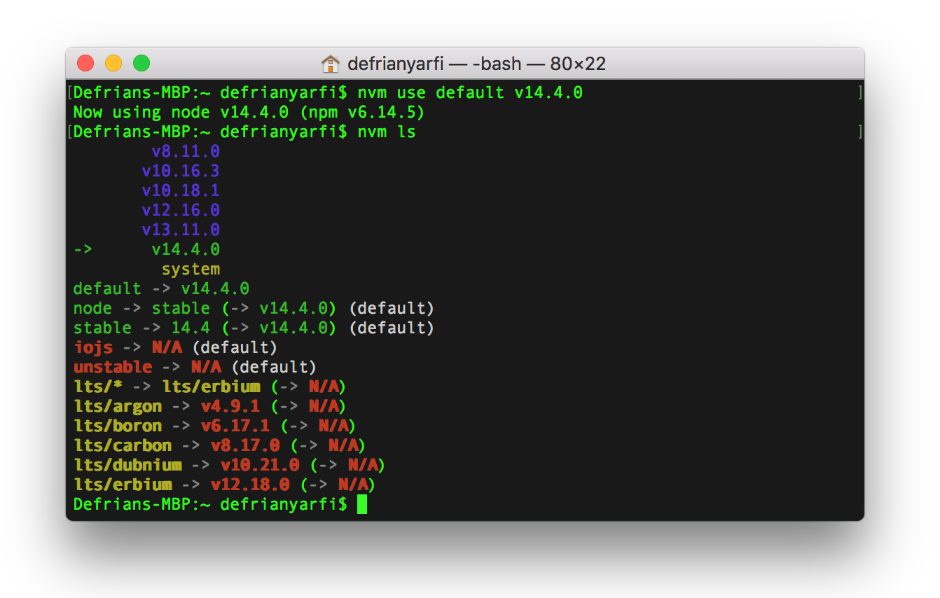 nvm use default v14.4.0 — Setup v14.0.0 as Node default version