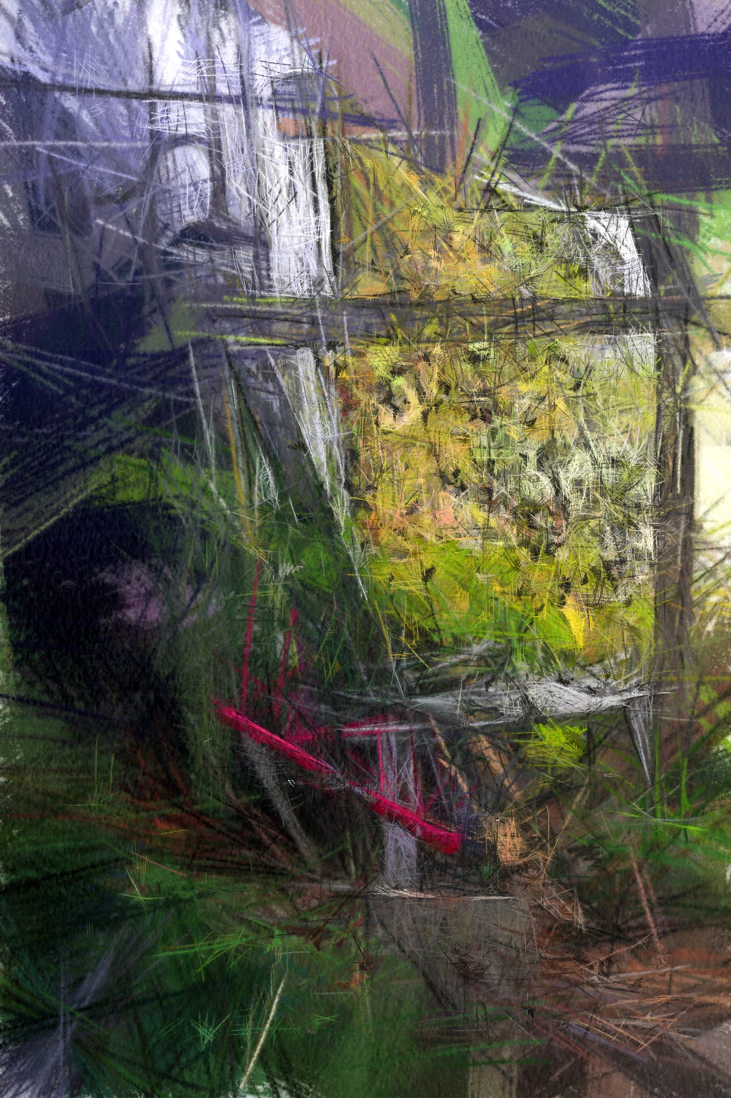 A digitally altered image of a dilapidated woodshed overgrown with plants. An axe with a bright red handle protrudes from a block of wood.