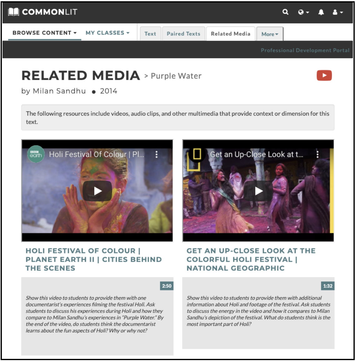 The Related Media tab for the CommonLit lesson "Purple Water."