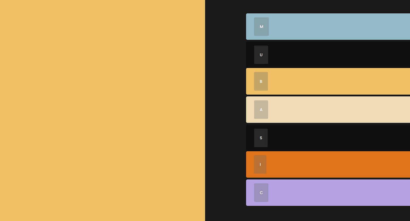 Current preview of demo — seven piano keys with different colours and letters.