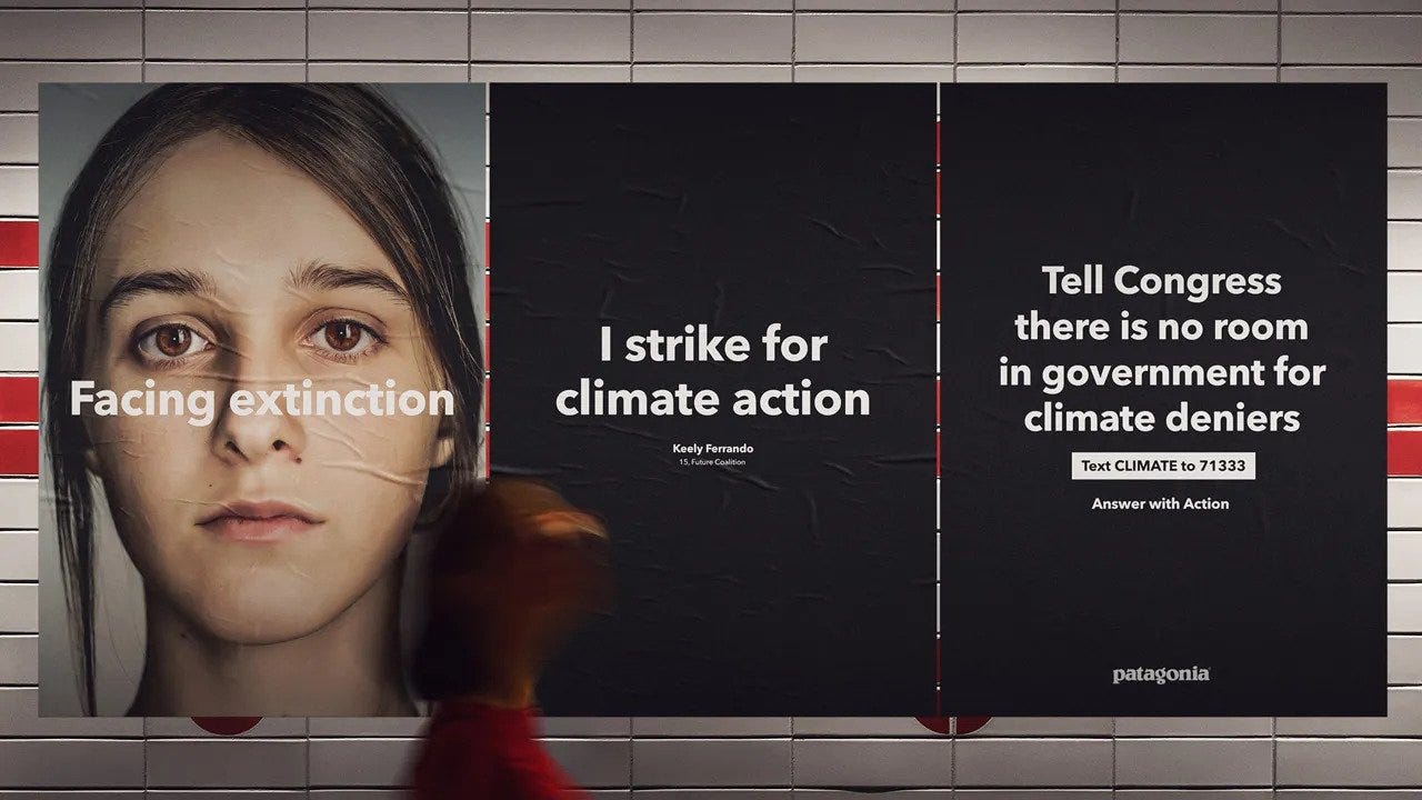 The image shows a Patagonia campaign in support of Climate Strike, 2019. It represents a serie of three posters on a wall: the left one’s background is a young girl serious face with some text over it saying “facing extinction”; while the last  two posters have a black background with the text “I strike for climate action” and also “Tell Congress there is no room in government for climate deniers” .