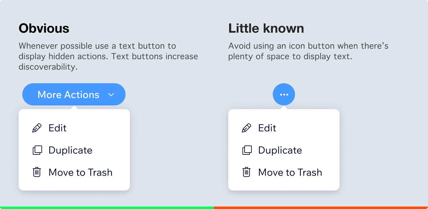 Two examples of buttons that open a contextual menu. The first example uses a label making it obvious what the button will do. The second example uses only an icon making it little know what the button will do.
