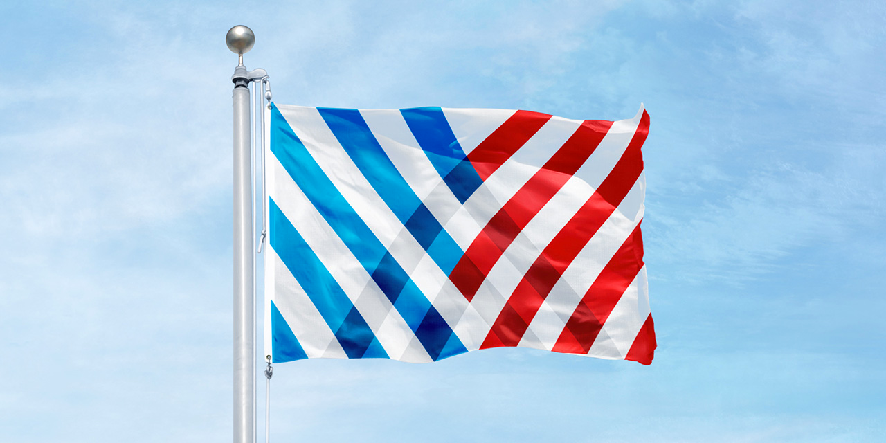 New symbol applied to a flag, flying on a flagpole. Blue and red diagonal stripes intersect from the left and right.