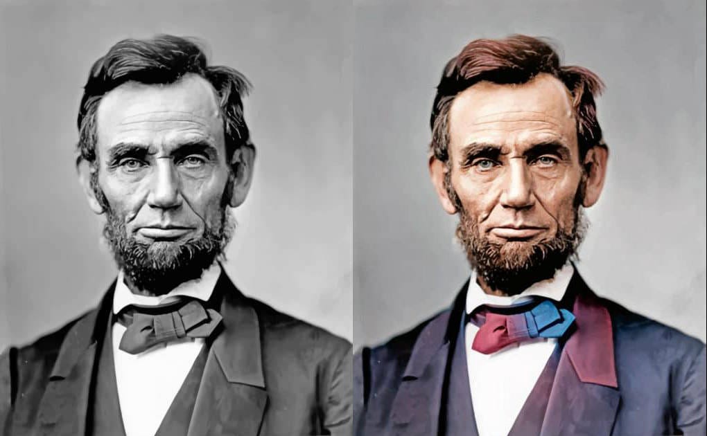 A black and white picture of Abraham Lincoln on the left, and a colorized version on the right; his face is flesh-toned, hair is brown, and suit is purple-blue