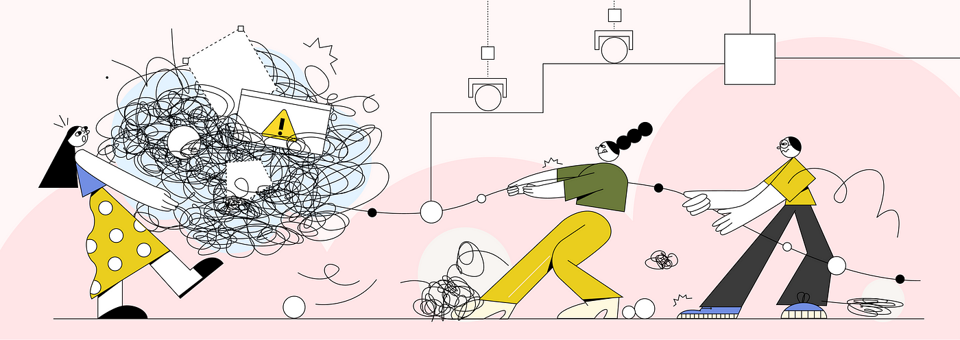 Illustration of three people untangling a complex mess of lines and shapes
