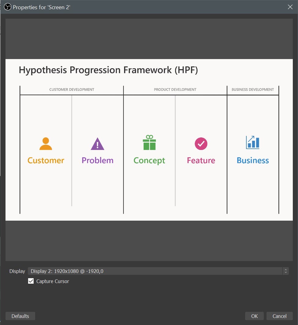 Screenshot of the properties window from OBS for Screen 2