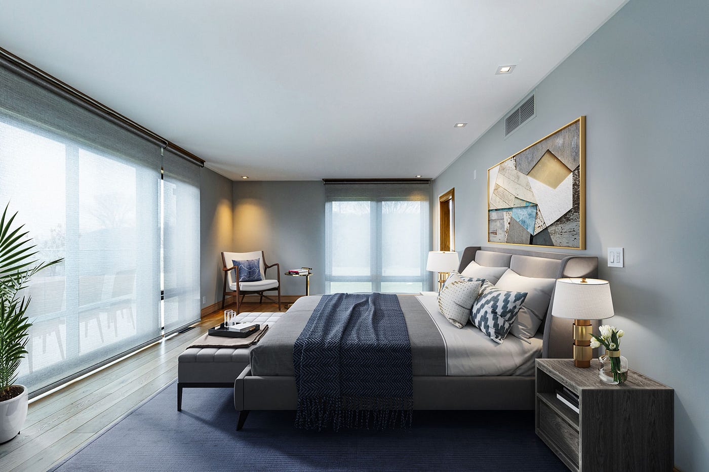 gray bedroom with gray bed and gray furnishings