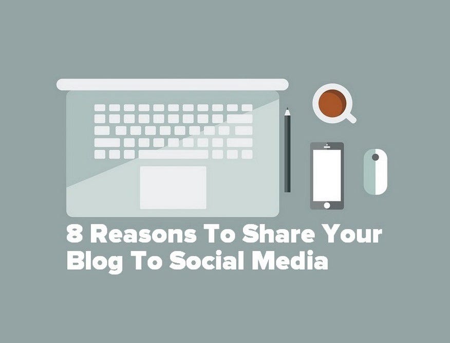 laptop on desk graphic for — 8 Reasons To Share Your Blog To Social Media